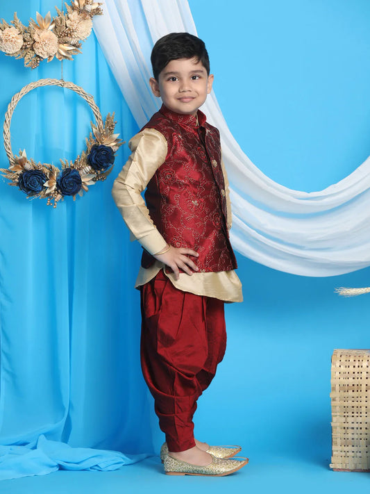 Boys' Maroon And Gold Jacket, Kurta and Dhoti Set