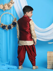 Boys' Maroon And Gold Jacket, Kurta and Dhoti Set