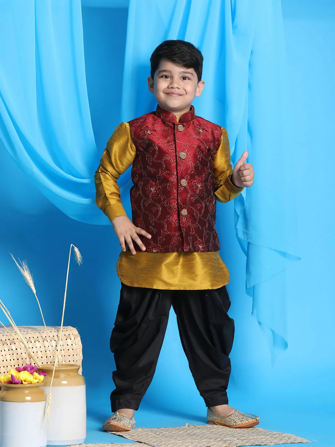 Boys' Mustard, Maroon And Black Jacket, Kurta and Dhoti Set