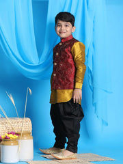 Boys' Mustard, Maroon And Black Jacket, Kurta and Dhoti Set