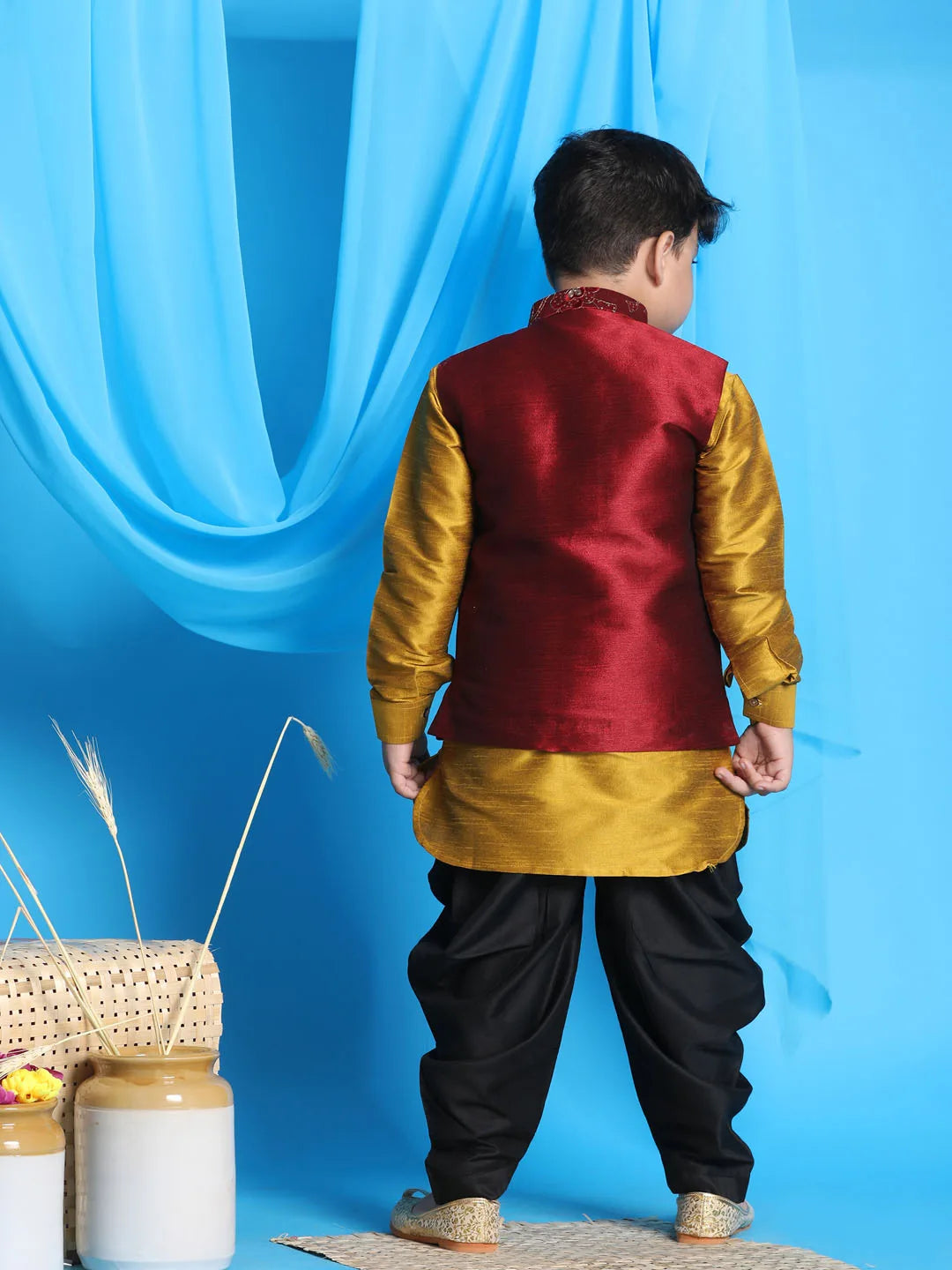 Boys' Mustard, Maroon And Black Jacket, Kurta and Dhoti Set