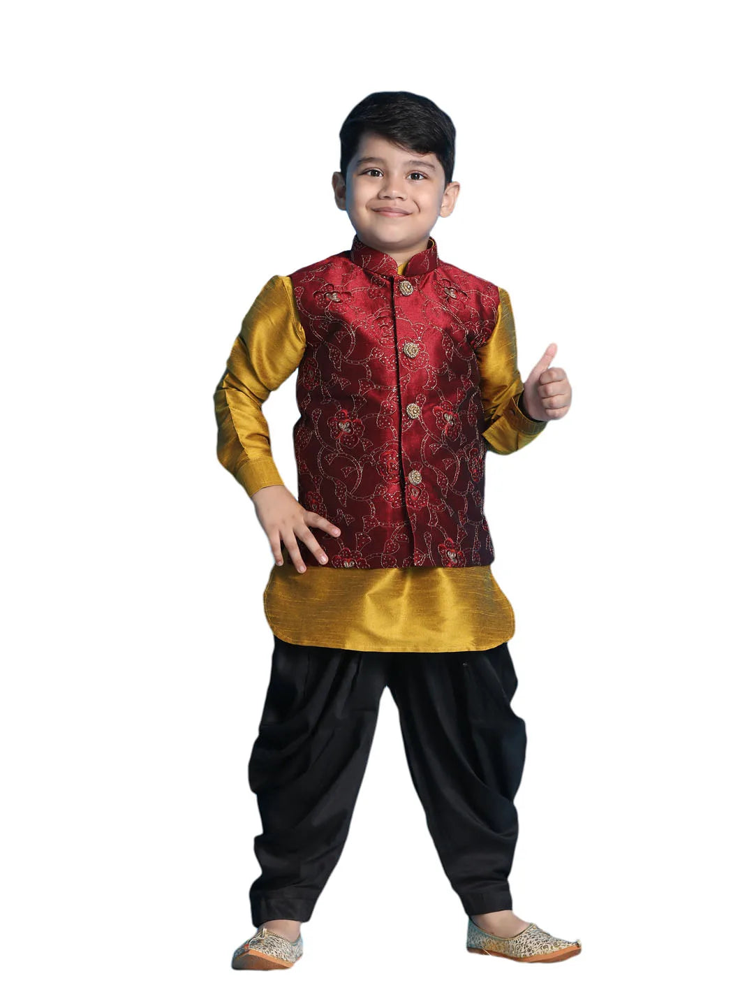 Boys' Mustard, Maroon And Black Jacket, Kurta and Dhoti Set