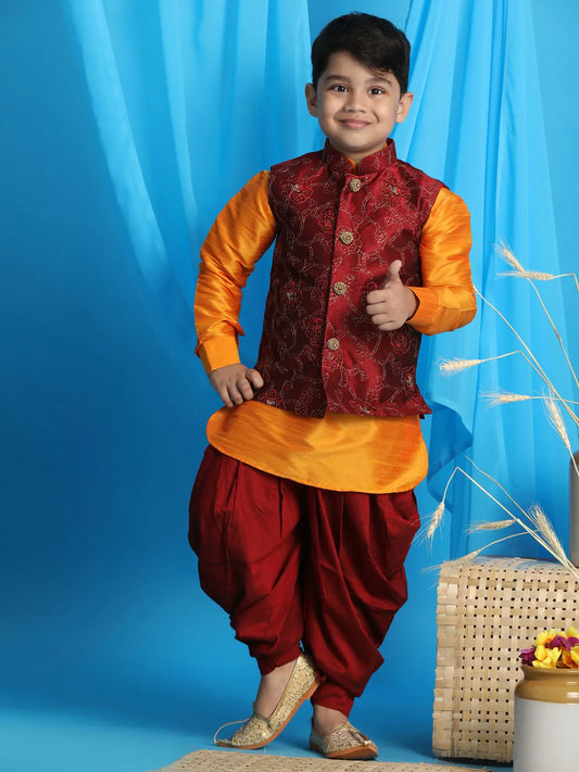 Boys' Maroon And Orange Jacket, Kurta and Dhoti Set