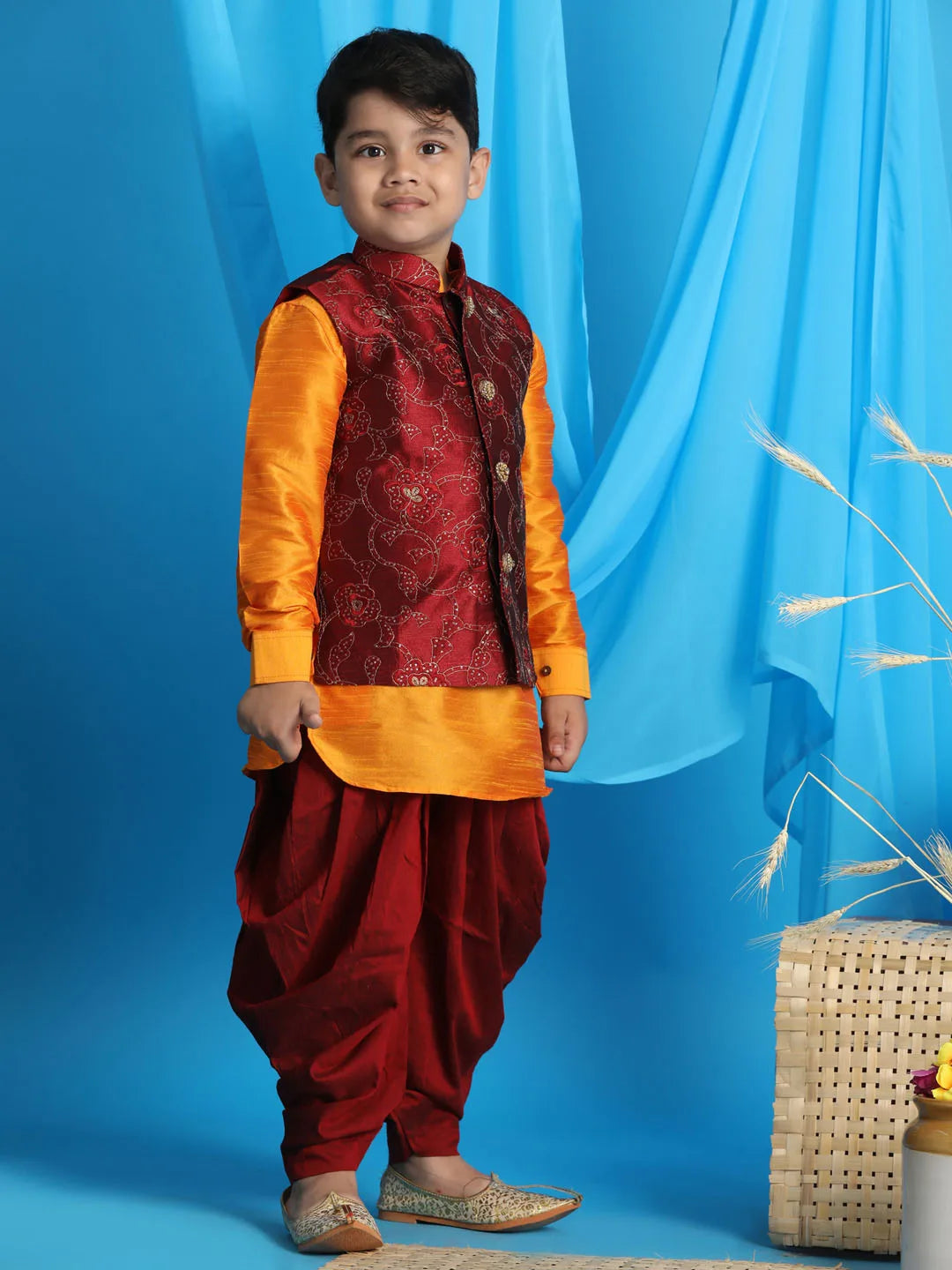 Boys' Maroon And Orange Jacket, Kurta and Dhoti Set