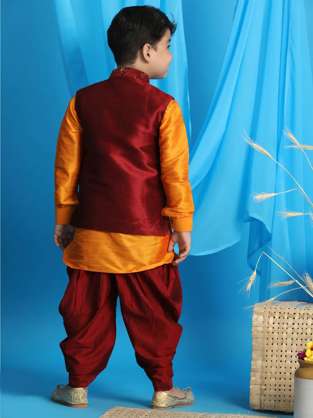 Boys' Maroon And Orange Jacket, Kurta and Dhoti Set