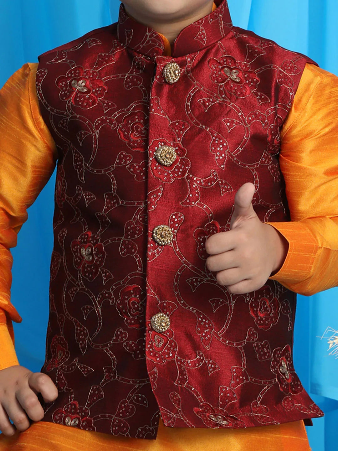 Boys' Maroon And Orange Jacket, Kurta and Dhoti Set