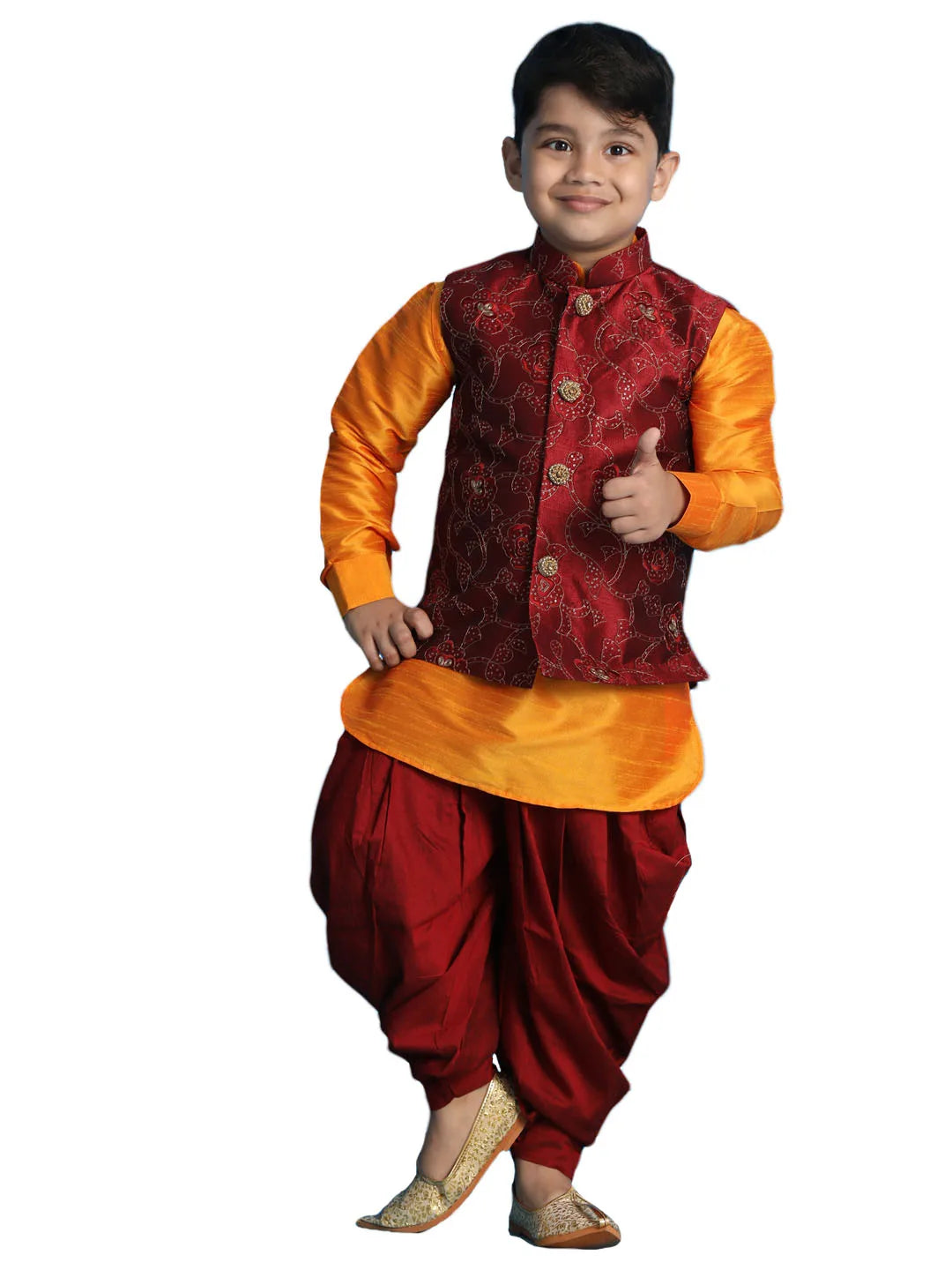 Boys' Maroon And Orange Jacket, Kurta and Dhoti Set