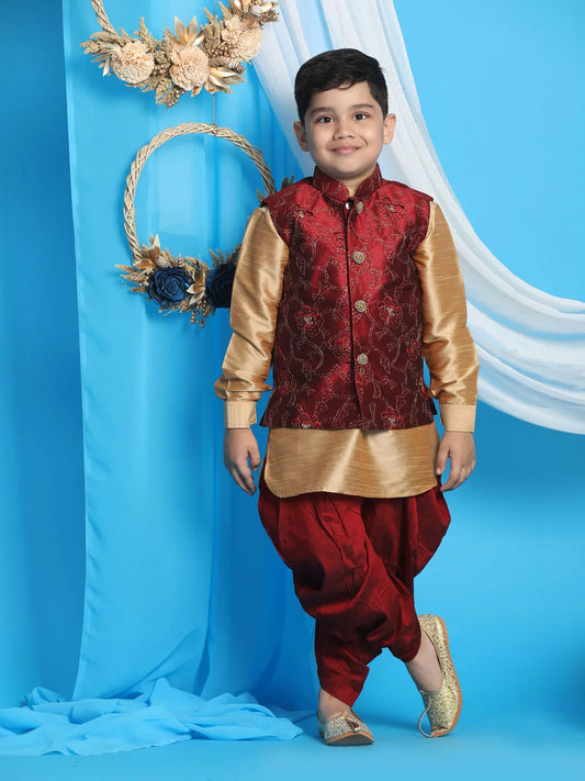 Boys' Maroon And Rose Gold Jacket, Kurta and Dhoti Set