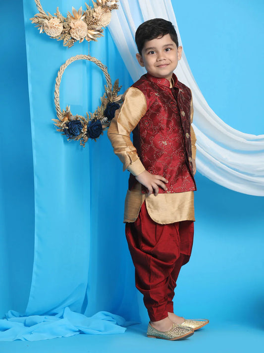 Boys' Maroon And Rose Gold Jacket, Kurta and Dhoti Set