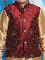 Boys' Maroon And Rose Gold Jacket, Kurta and Dhoti Set