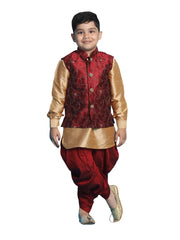 Boys' Maroon And Rose Gold Jacket, Kurta and Dhoti Set