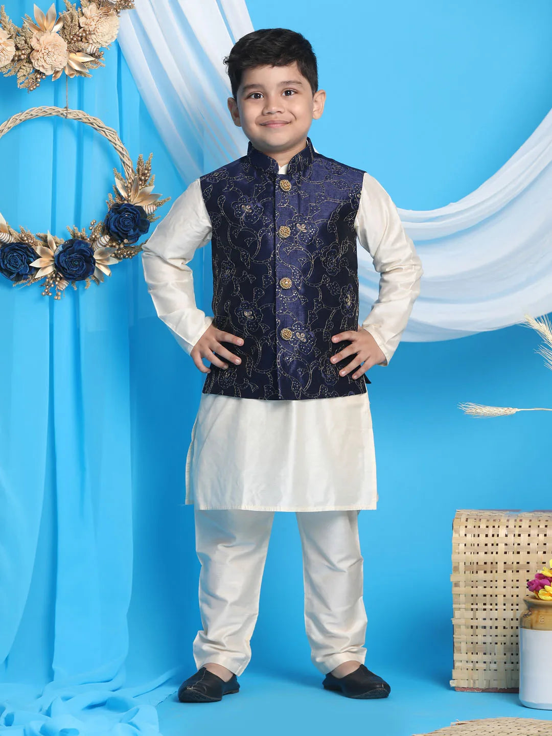 Boys' Navy Blue And Cream Jacket, Kurta and Pyjama Set