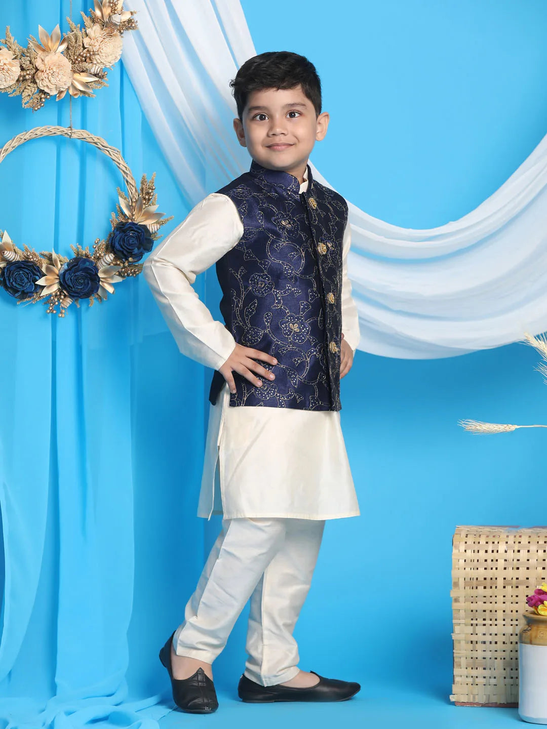 Boys' Navy Blue And Cream Jacket, Kurta and Pyjama Set