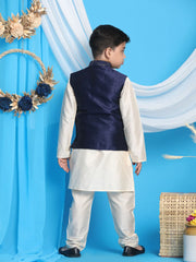 Boys' Navy Blue And Cream Jacket, Kurta and Pyjama Set