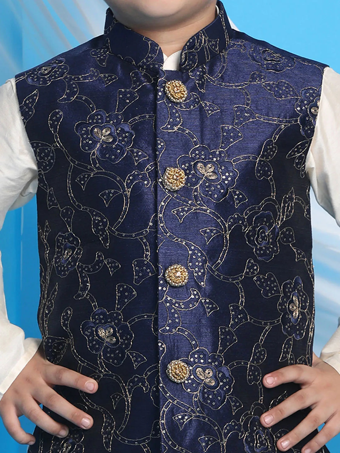 Boys' Navy Blue And Cream Jacket, Kurta and Pyjama Set