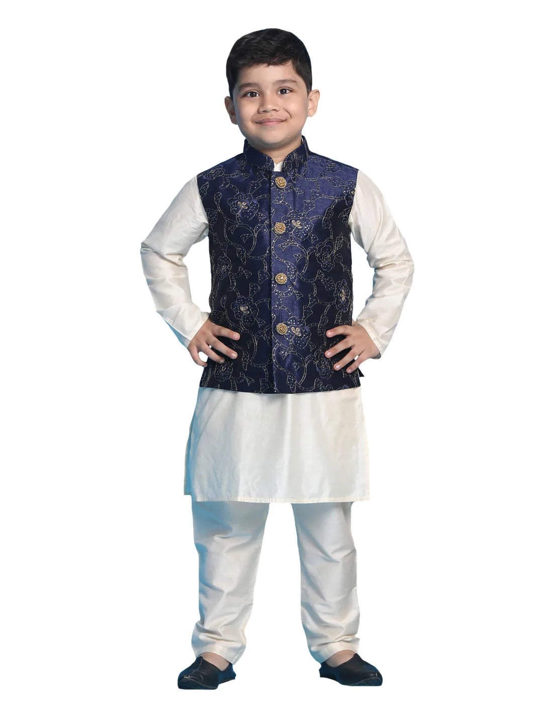 Boys' Navy Blue And Cream Jacket, Kurta and Pyjama Set