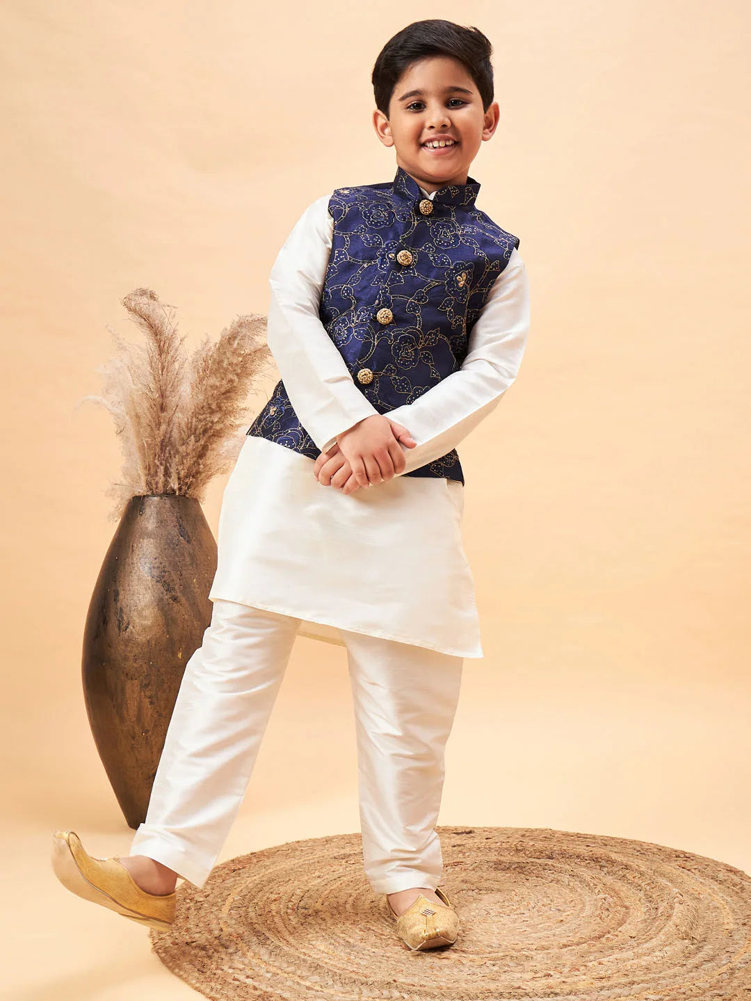 Boys' Navy Blue And Cream Jacket, Kurta and Pyjama Set