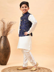 Boys' Navy Blue And Cream Jacket, Kurta and Pyjama Set