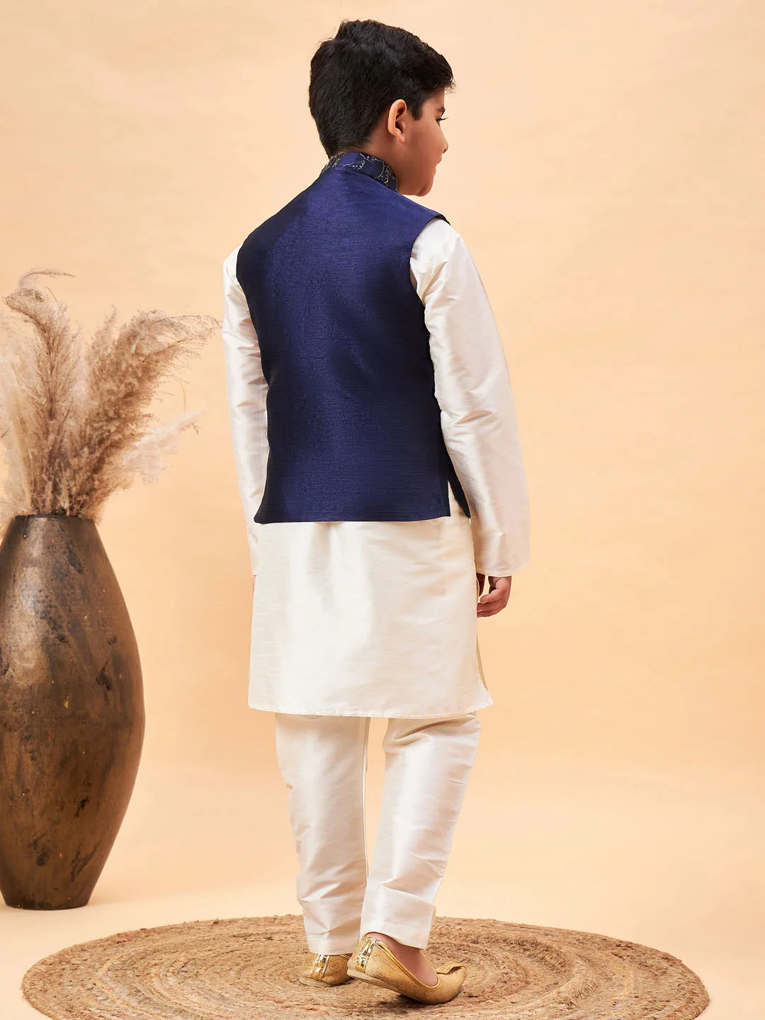 Boys' Navy Blue And Cream Jacket, Kurta and Pyjama Set