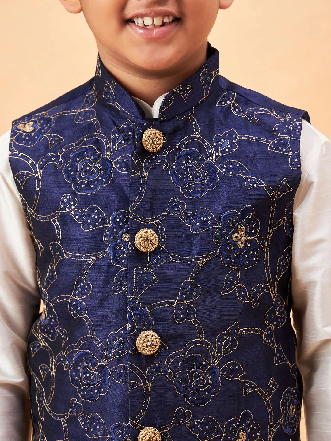 Boys' Navy Blue And Cream Jacket, Kurta and Pyjama Set