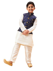 Boys' Navy Blue And Cream Jacket, Kurta and Pyjama Set