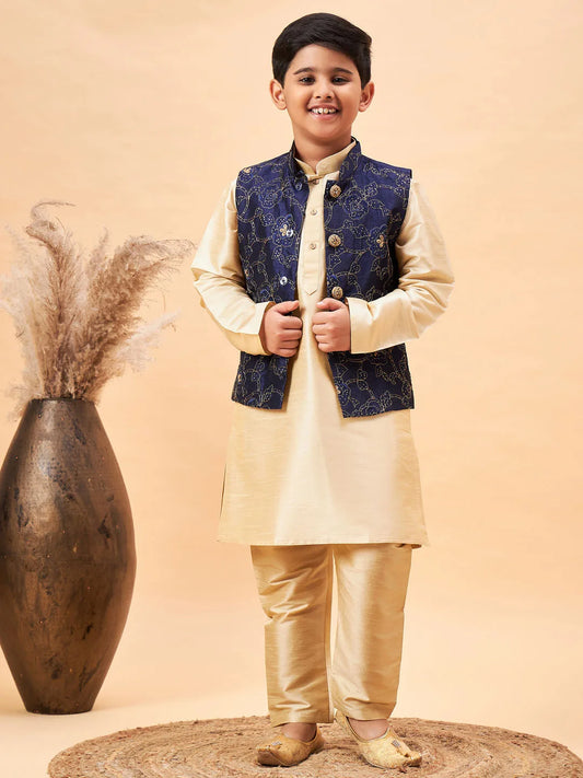 Boys' Navy Blue And Gold Jacket, Kurta and Pyjama Set