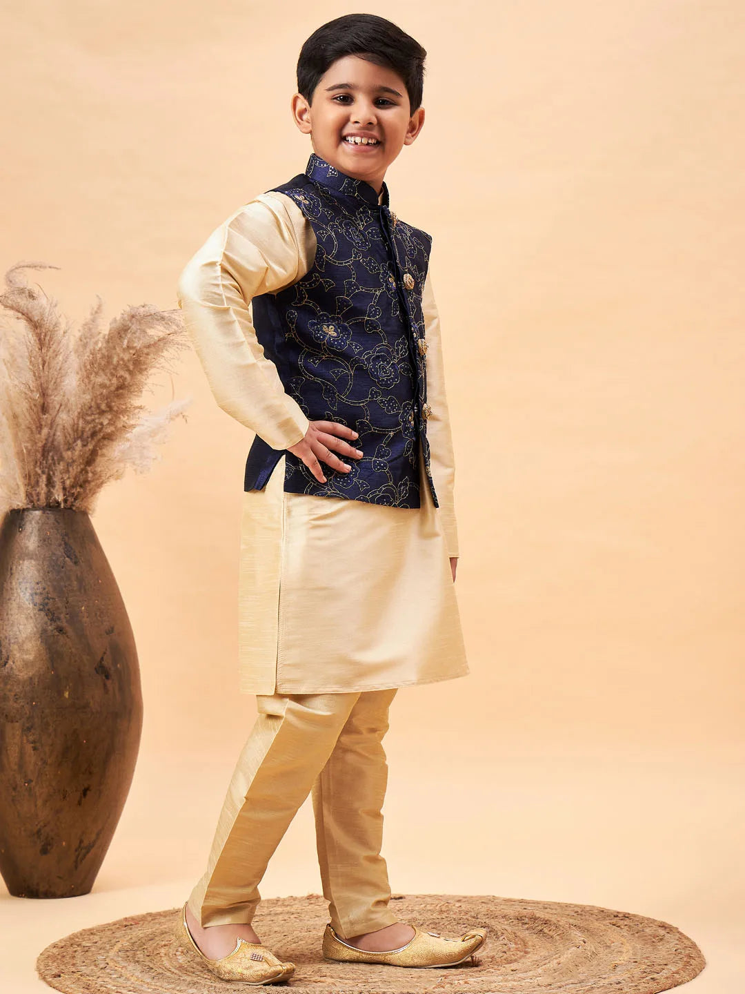 Boys' Navy Blue And Gold Jacket, Kurta and Pyjama Set