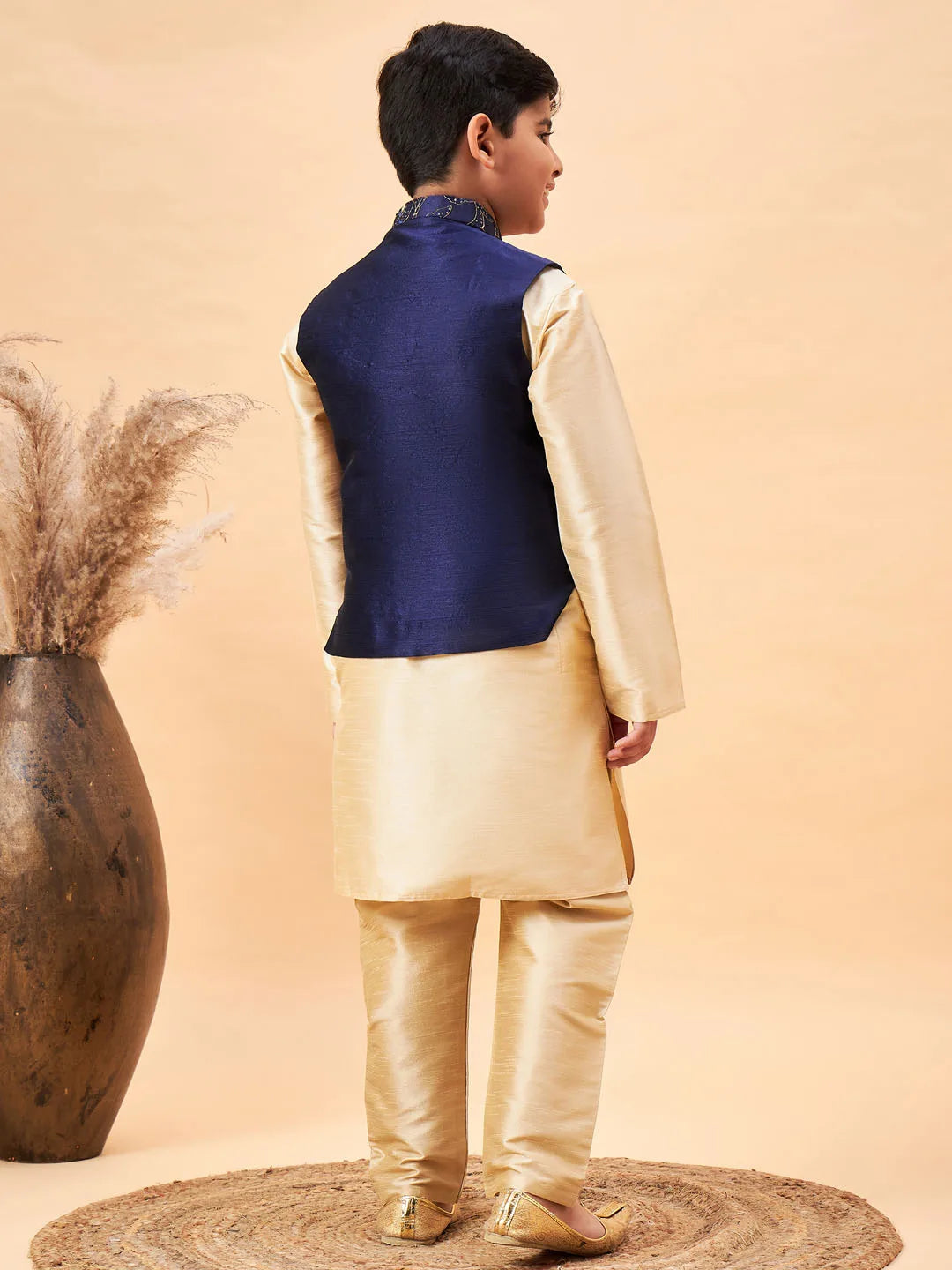 Boys' Navy Blue And Gold Jacket, Kurta and Pyjama Set