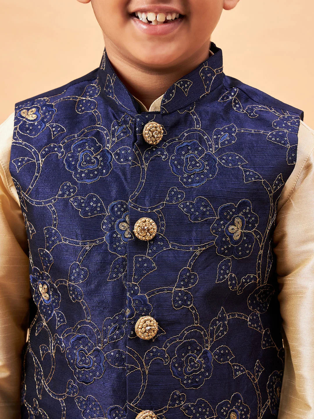 Boys' Navy Blue And Gold Jacket, Kurta and Pyjama Set