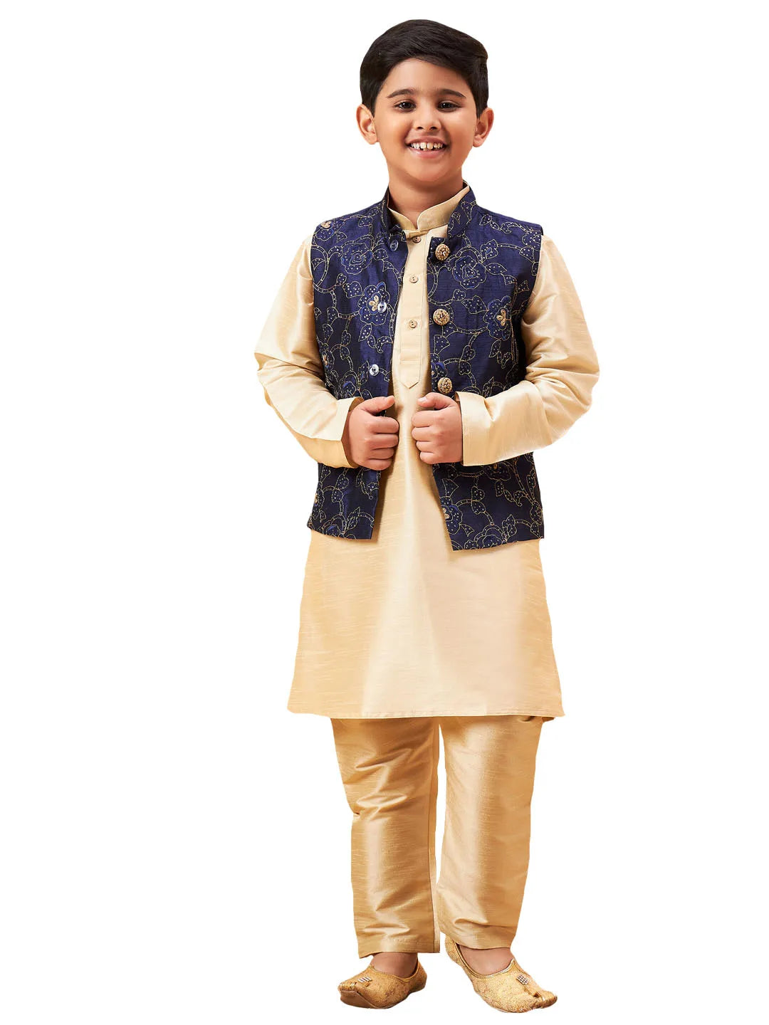 Boys' Navy Blue And Gold Jacket, Kurta and Pyjama Set