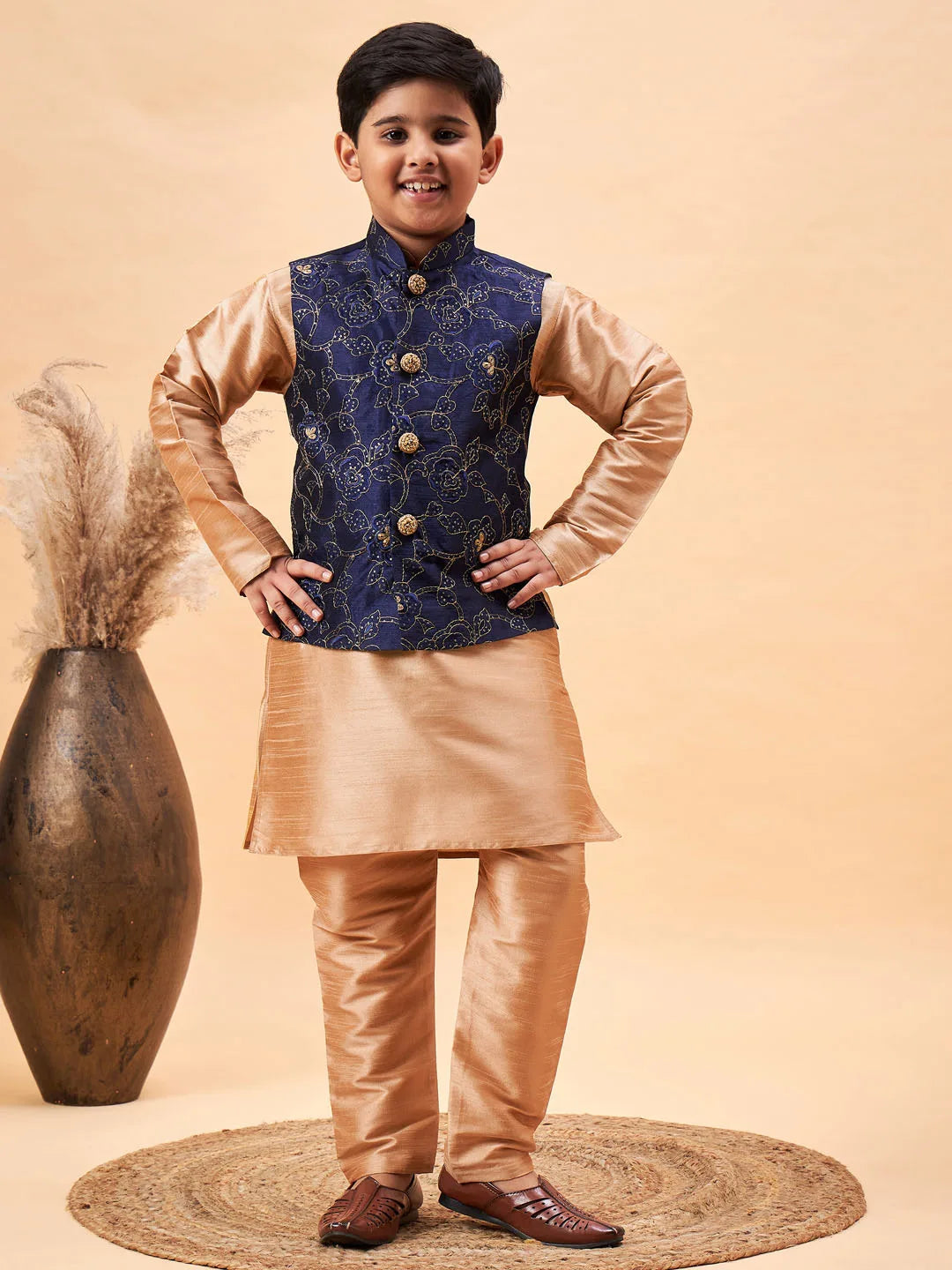 Boys' Navy Blue And Rose Gold Jacket, Kurta and Pyjama Set