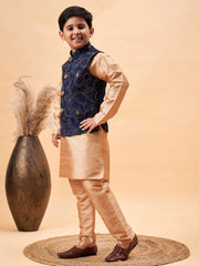 Boys' Navy Blue And Rose Gold Jacket, Kurta and Pyjama Set