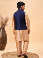 Boys' Navy Blue And Rose Gold Jacket, Kurta and Pyjama Set