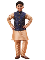 Boys' Navy Blue And Rose Gold Jacket, Kurta and Pyjama Set