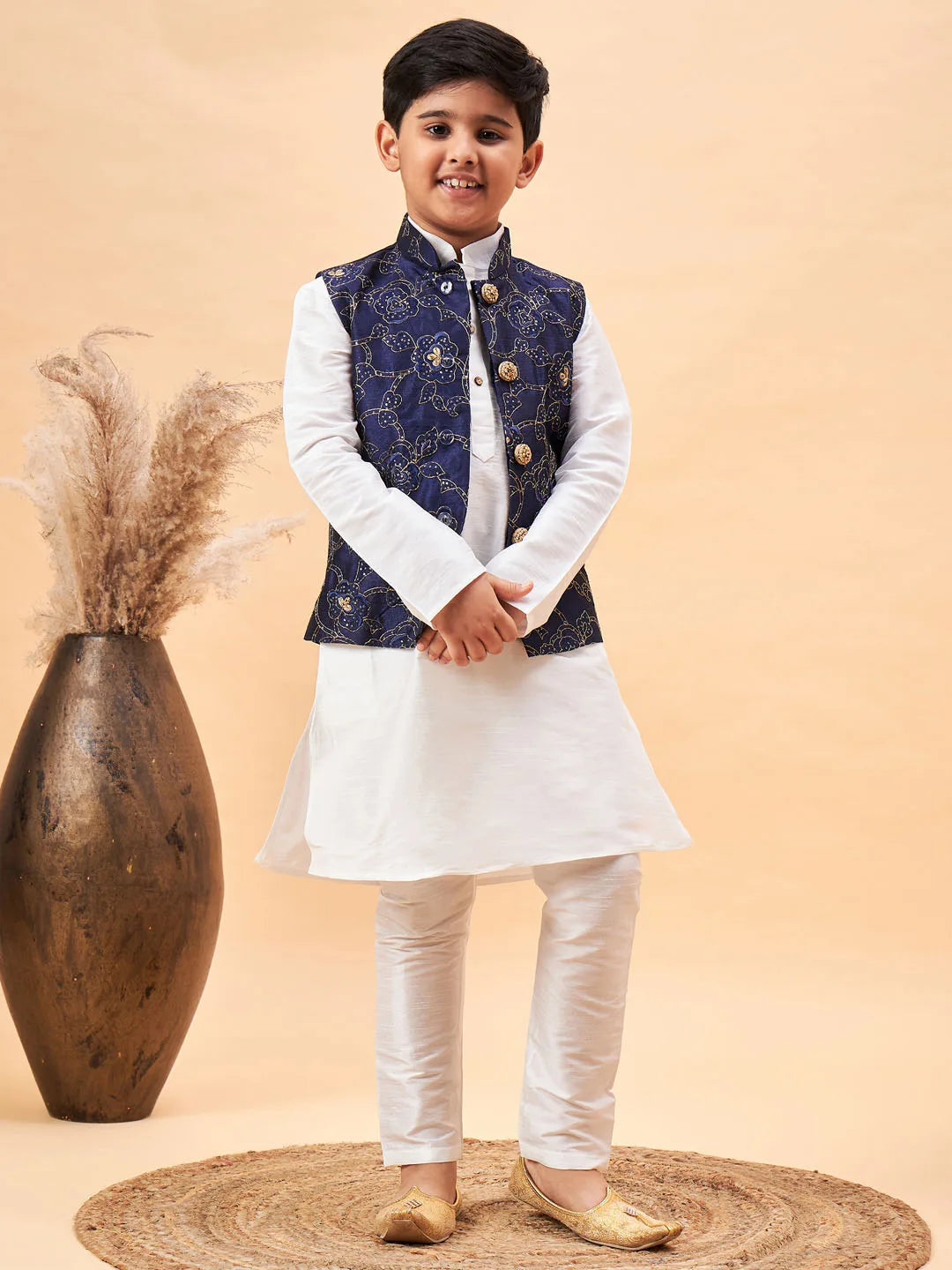 Boys' Navy Blue And White Jacket, Kurta and Pyjama Set