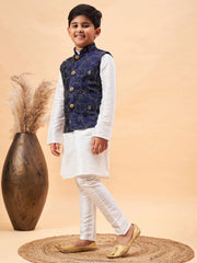 Boys' Navy Blue And White Jacket, Kurta and Pyjama Set