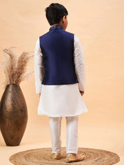 Boys' Navy Blue And White Jacket, Kurta and Pyjama Set