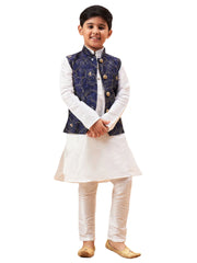 Boys' Navy Blue And White Jacket, Kurta and Pyjama Set