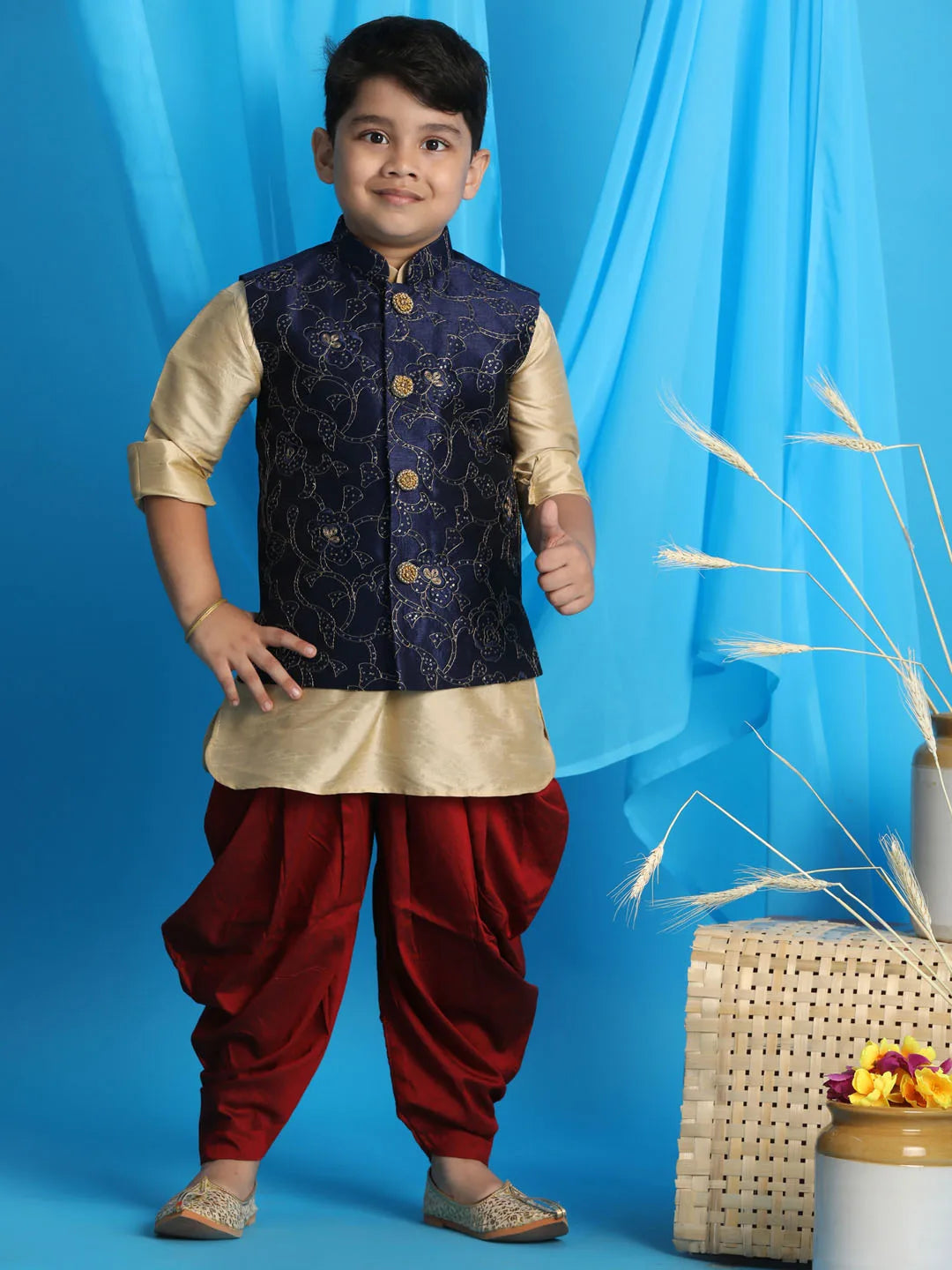 Boys' Gold, Navy Blue And Maroon Jacket, Kurta and Dhoti Set