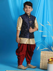 Boys' Gold, Navy Blue And Maroon Jacket, Kurta and Dhoti Set