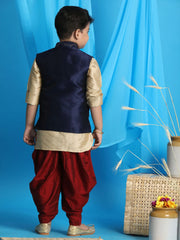 Boys' Gold, Navy Blue And Maroon Jacket, Kurta and Dhoti Set