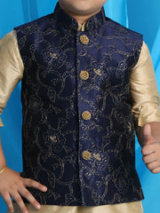 Boys' Gold, Navy Blue And Maroon Jacket, Kurta and Dhoti Set