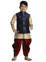 Boys' Gold, Navy Blue And Maroon Jacket, Kurta and Dhoti Set