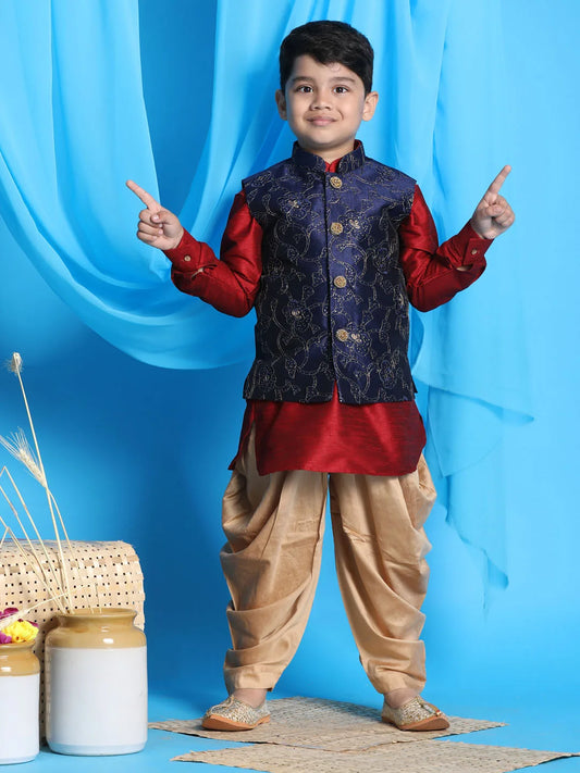 Boys' Maroon, Navy Blue And Rose Gold Jacket, Kurta and Dhoti Set