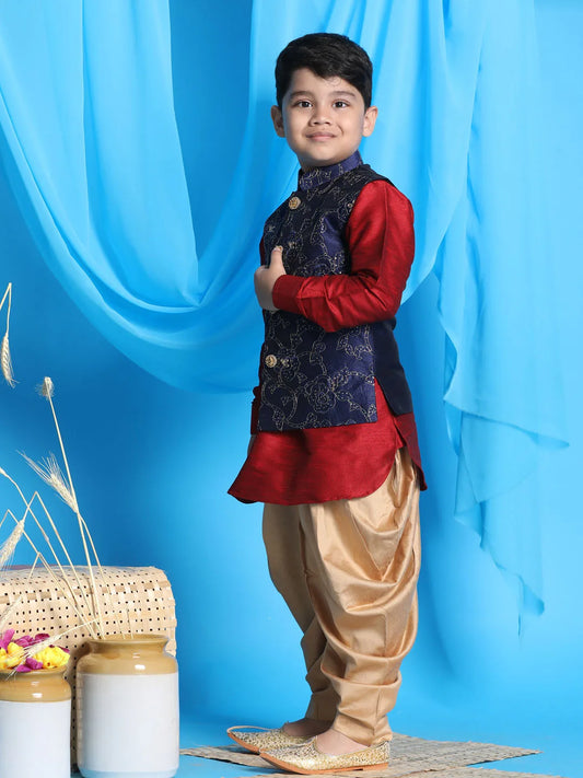 Boys' Maroon, Navy Blue And Rose Gold Jacket, Kurta and Dhoti Set