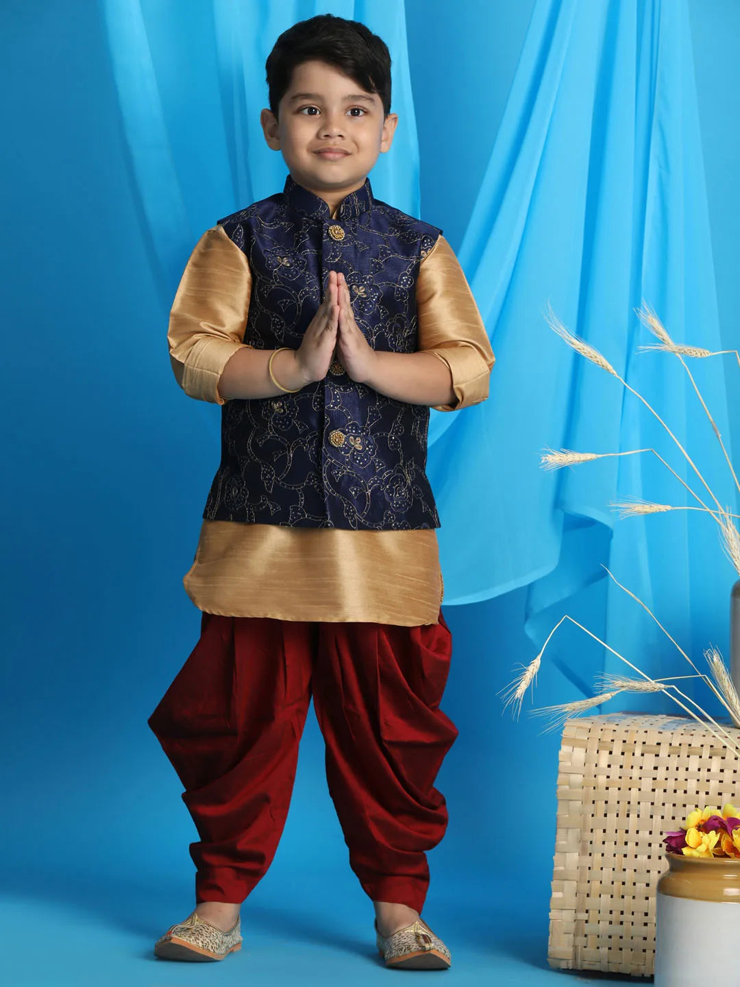 Boys' Rose Gold, Navy Blue And Maroon Jacket, Kurta and Dhoti Set