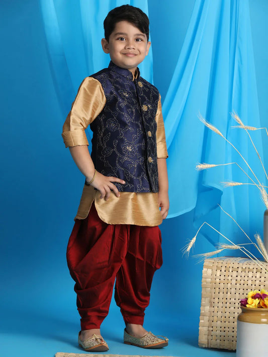 Boys' Rose Gold, Navy Blue And Maroon Jacket, Kurta and Dhoti Set