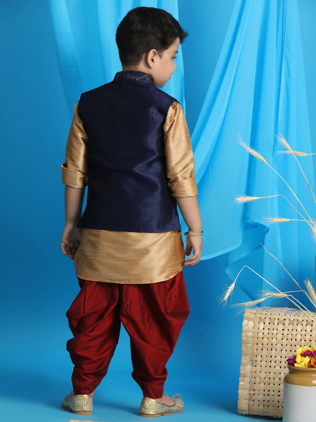 Boys' Rose Gold, Navy Blue And Maroon Jacket, Kurta and Dhoti Set