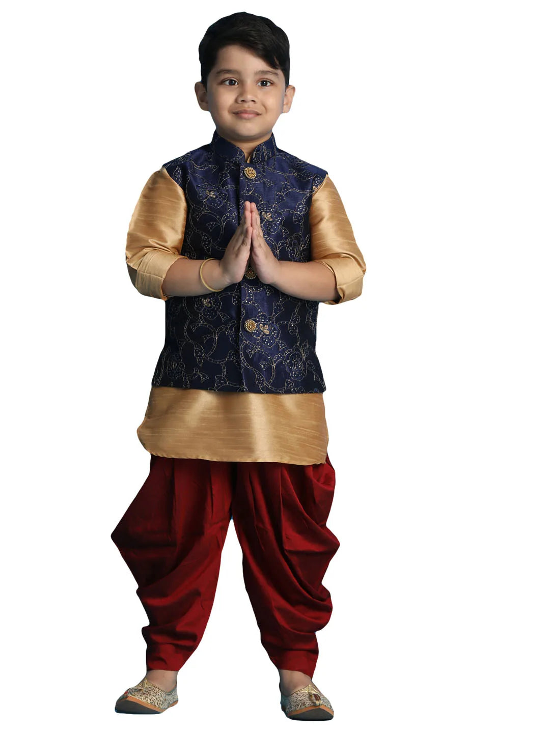 Boys' Rose Gold, Navy Blue And Maroon Jacket, Kurta and Dhoti Set