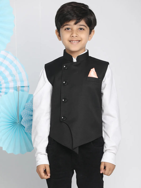 Boys' Black Cotton Blend Nehru Jacket